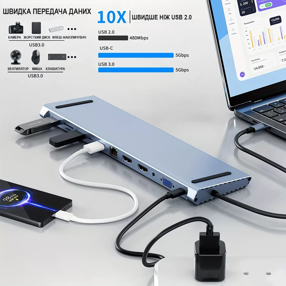 Хаб/подставка многопортовая для ноутбука Addap 12в1 USB Type-C MH-16 HDMI/USB A/PD/USB C/SD/RJ45/VGA 35 мм - фото 3 Хаб/подставка многопортовая для ноутбука Addap 12в1 USB Type-C MH-16 HDMI/USB A/PD/USB C/SD/RJ45/VGA 35 мм - фото 3