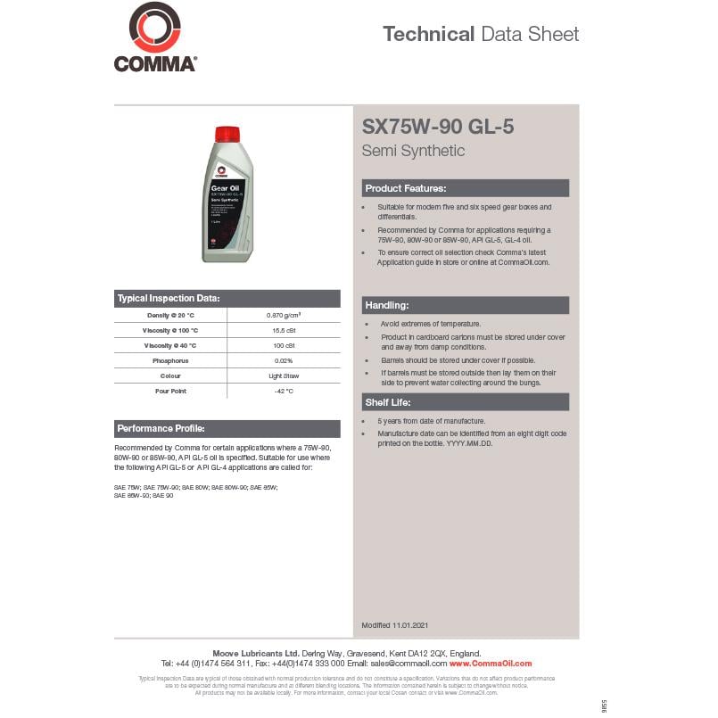 Трансмиссионное масло Comma Sx75w-90 Gear Oil Gl5 5 л (45427) - фото 2