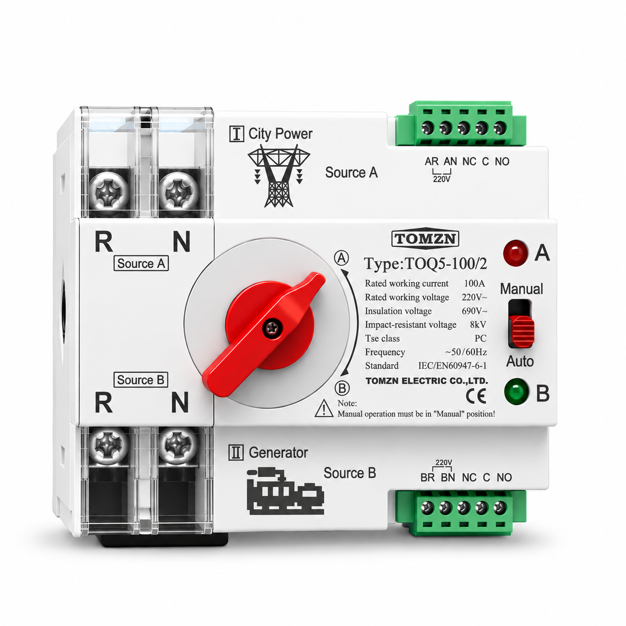 Переключатель ввода резерва TOQ5-100/2P 220/230В 2-х полюсный однофазный (37938143)