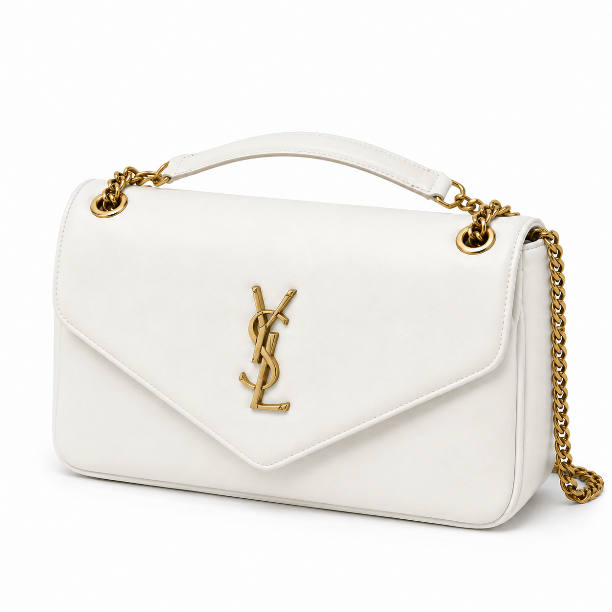 Женская сумка кожаная в стиле Yves Saint Laurent Calypso через плечо с цепным ремнем/клапаном и металлической фурнитурой Белый