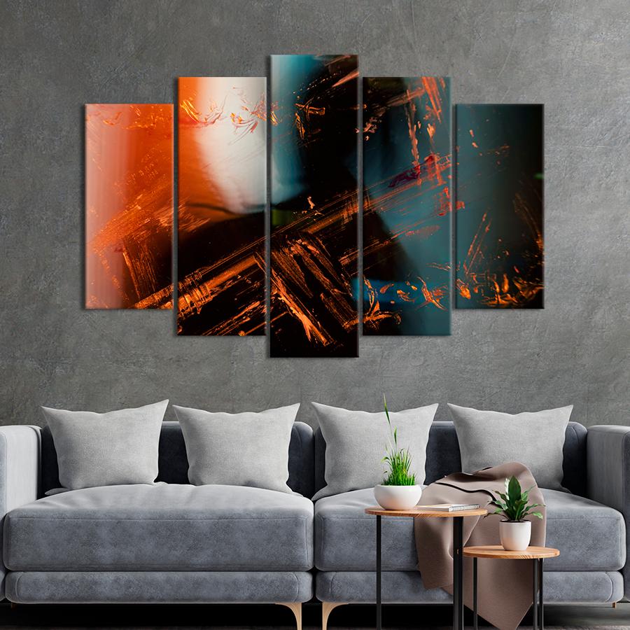 Картина абстракция Золотые краски на фоне тёмного силуэта 112x68 см (A947-5)