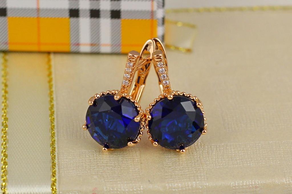 Серьги Xuping Jewelry с синим большим камнем шестигранная оправа 2 см Золотистый