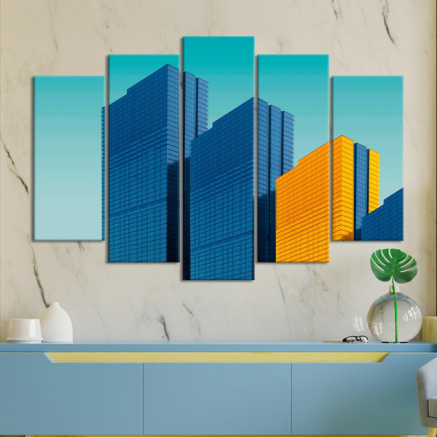 Картина міста Яскраві сині та жовтий хмарочоси 112x68 см (A815-5)