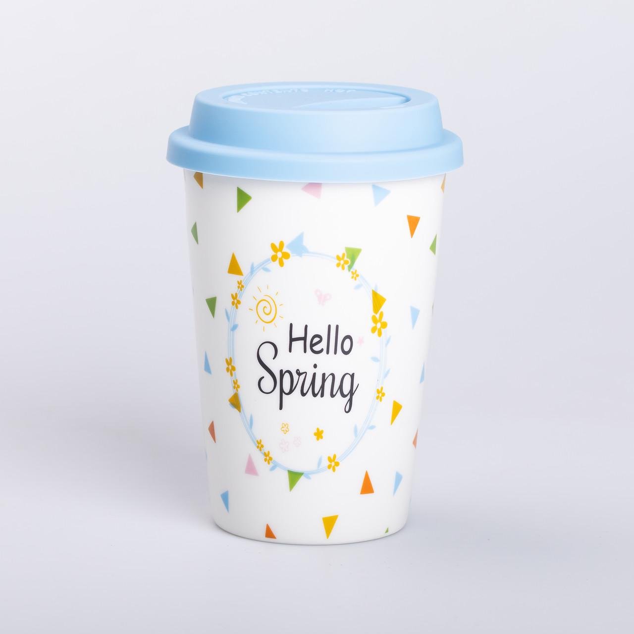 Стакан керамический с силиконовой крышкой и отверстием для трубочки 420 мл