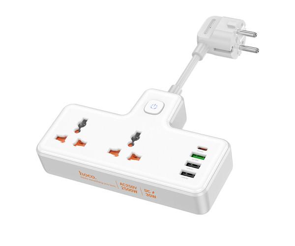 Подовжувач мережевий Hoco AC12A 2 Socket Ports 3USB/1Type-C PD30W QC3.0 White - фото 3