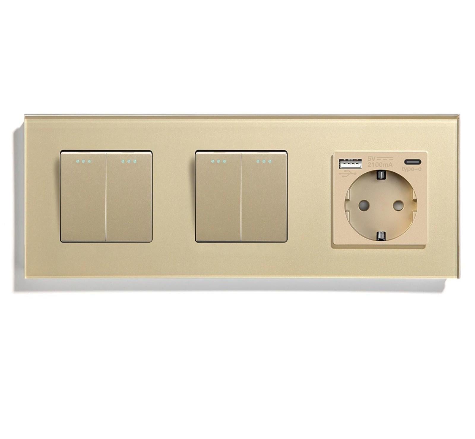 Выключатель перекрестный LUXION 4-клавишный 2-2 с розеткой USB A+C 20Вт с заземлением 16А 230 В стекло Золотой
