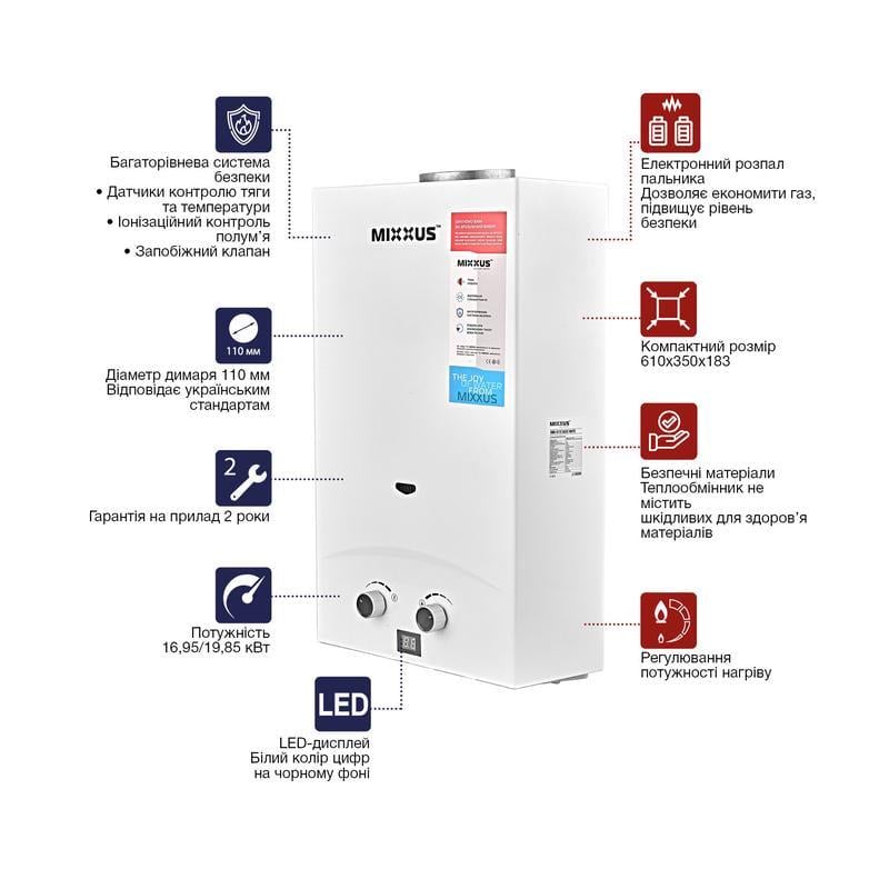 Газова колонка MIXXUS GWH-0112 BASIC димохідна 20 кВт 12 л/хв Білий (OL-WH0029) - фото 5