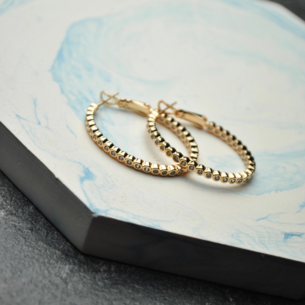 Серьги кольца овальные с фианитом медицинская сталь позолота (x164)