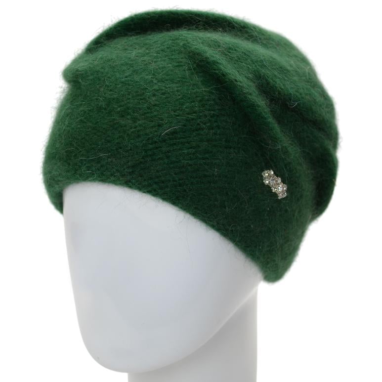 Шапка женская Novita Сюзана ангоровая двойная с аккуратным узором и брошью one size Изумрудный (247461)