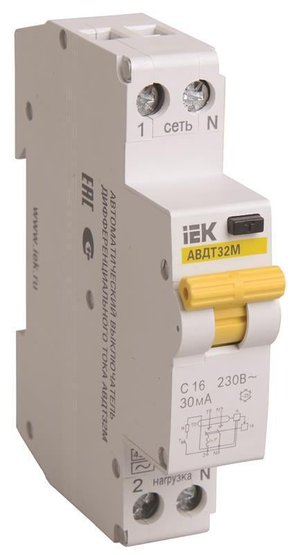 Дифавтомат IEK АВДТ32М 25А 100 мА 4,5 кА 2 полюси тип C тип AC MAD32-5-025-C-100 (38064)