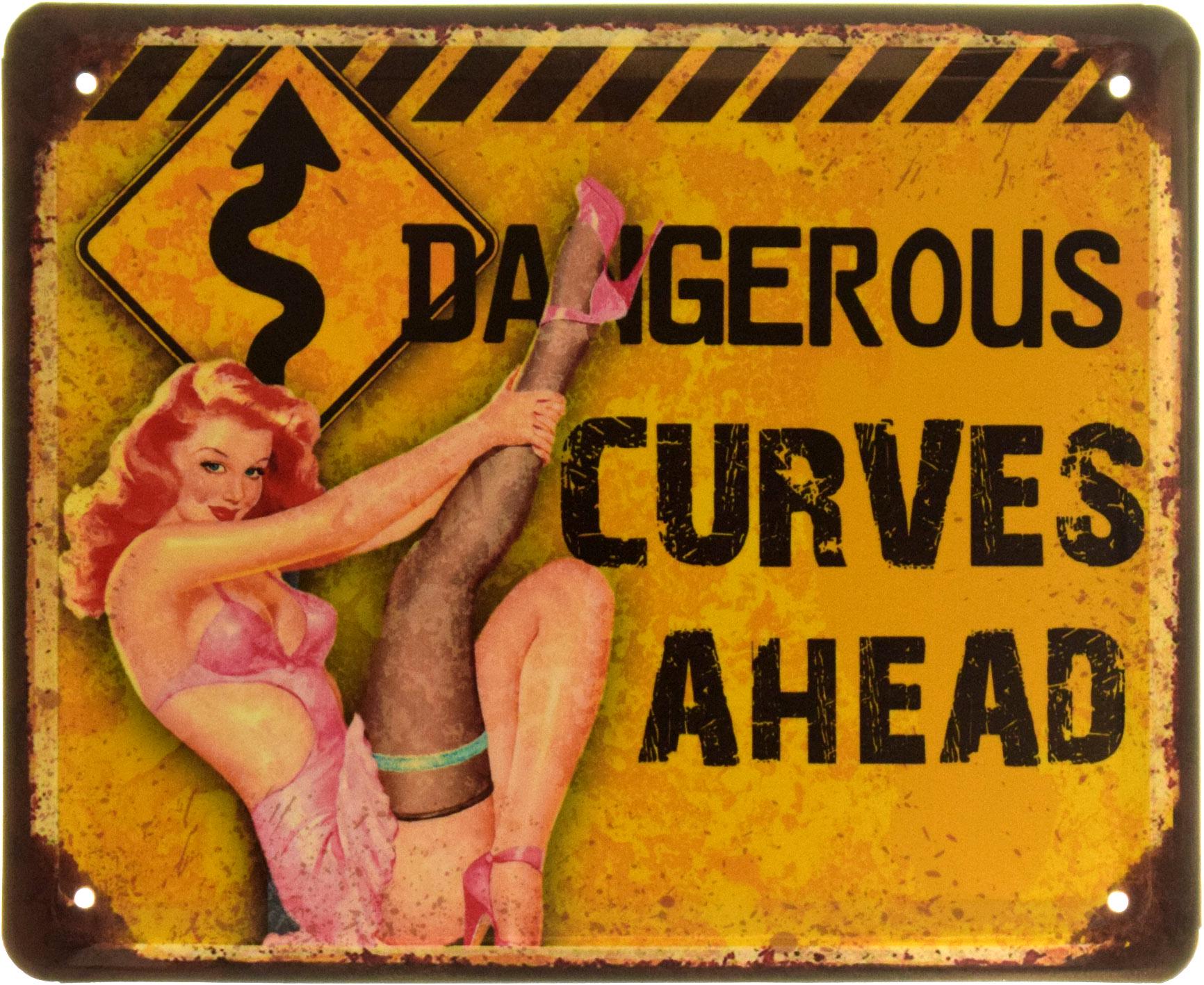 Табличка металлическая "Dangerous Curves Ahead Pin Up" 18x22 см (ms-103944)