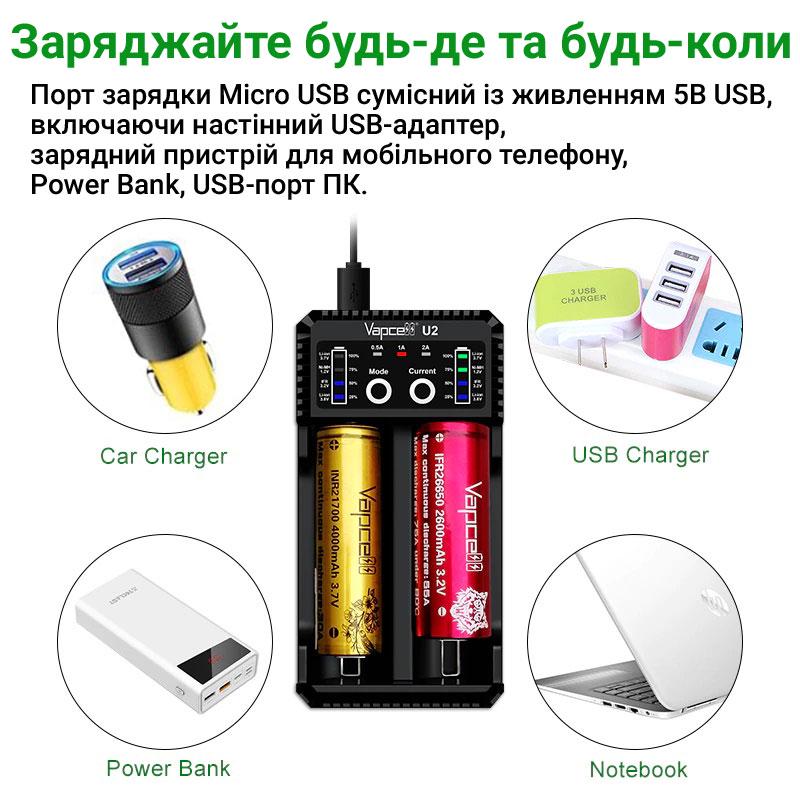 Зарядний пристрій з функція PowerBank Vapcell U2 розумний на 2 канали для Ni-Mh/Ni-Cd/Li-Ion 2 A (269546) - фото 3