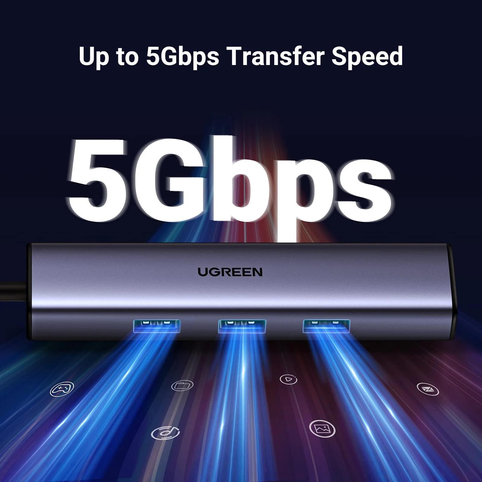 Хаб USB-C Ugreen 3x USB 3.0 RJ45 1000 мбіт/с Сірий (60600) - фото 4 Хаб USB-C Ugreen 3x USB 3.0 RJ45 1000 мбіт/с Сірий (60600) - фото 4