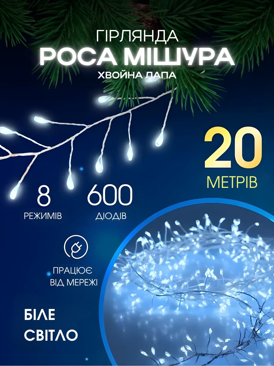Гірлянда роса Мішура 20 м 600 LED 8 режимів Холодне біле світло/Прозорий дріт (6844834337) - фото 2