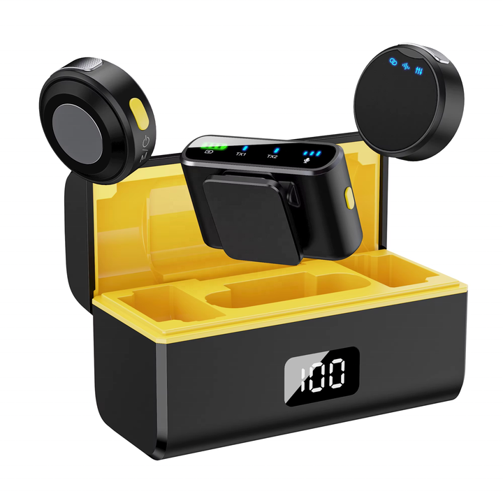 Микрофон петличный беспроводной Savetek M9MAX для iPhone/Android и видеокамеры Black/Yellow - фото 2 Микрофон петличный беспроводной Savetek M9MAX для iPhone/Android и видеокамеры Black/Yellow - фото 2