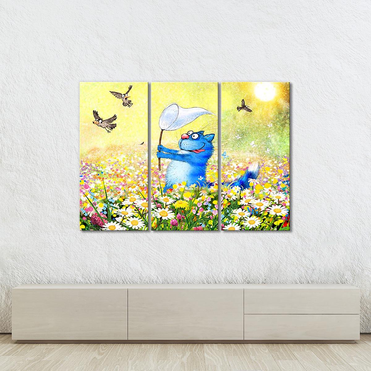 Модульная картина Улов на ромашковом поле 3 модуля 60x90 см