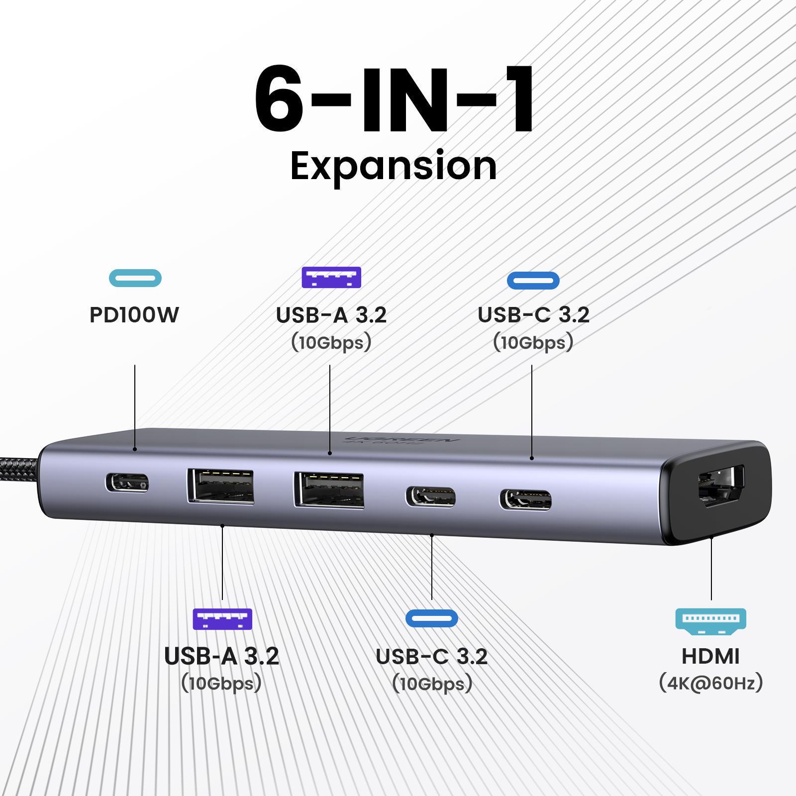 USB-хаб UGREEN Type-C 2xUSB-A 3.2/2xUSB-C 3.2 10 Гбіт/с HDMI 4K 60Гц PD 100 Вт Сірий (35999) - фото 2 USB-хаб UGREEN Type-C 2xUSB-A 3.2/2xUSB-C 3.2 10 Гбіт/с HDMI 4K 60Гц PD 100 Вт Сірий (35999) - фото 2
