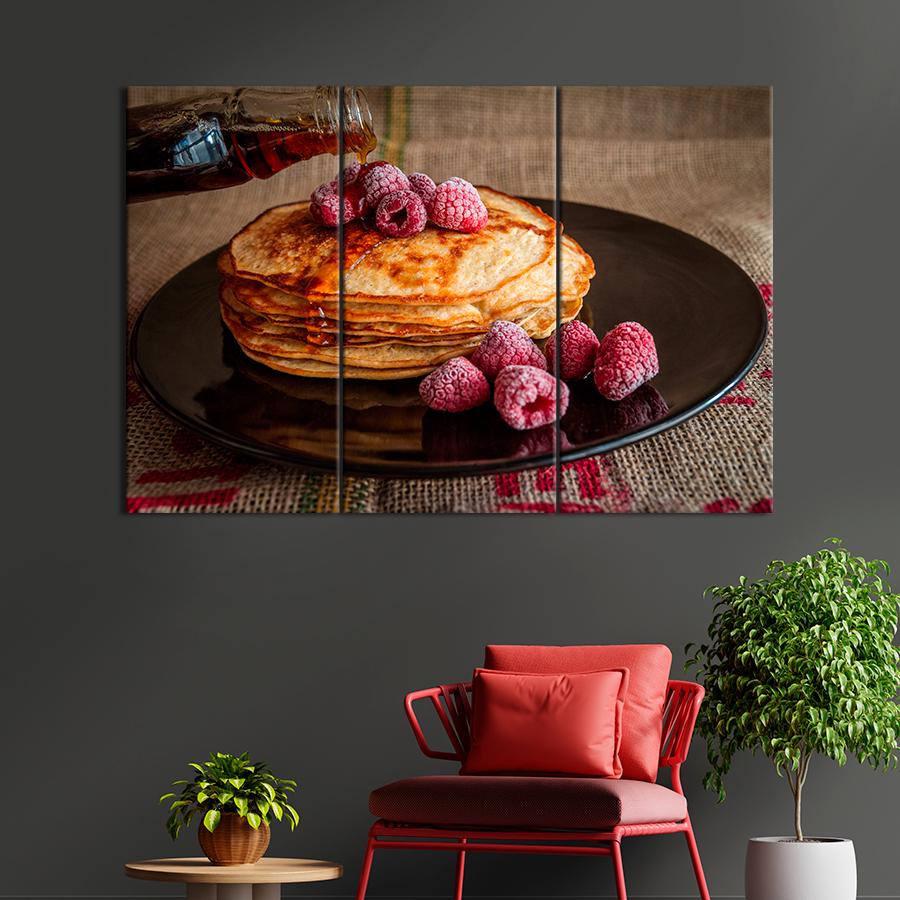 Настенний декор Панкейки на чёрной тарелке с малиной и кленовым сиропом 128x81 см (A278-3)