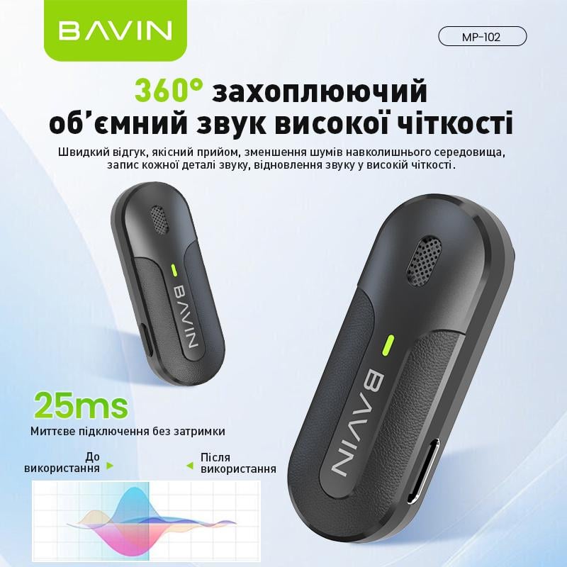 Мікрофон петличний бездротовий BAVIN MP-102 Type-C Black (MP-102 BK) - фото 8 Мікрофон петличний бездротовий BAVIN MP-102 Type-C Black (MP-102 BK) - фото 8