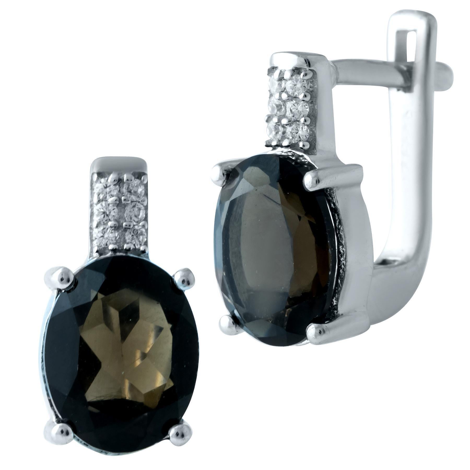 Серьги серебряные LoveR с натуральным раухтопазом коричневого цвета овальной формы и белыми фианитами