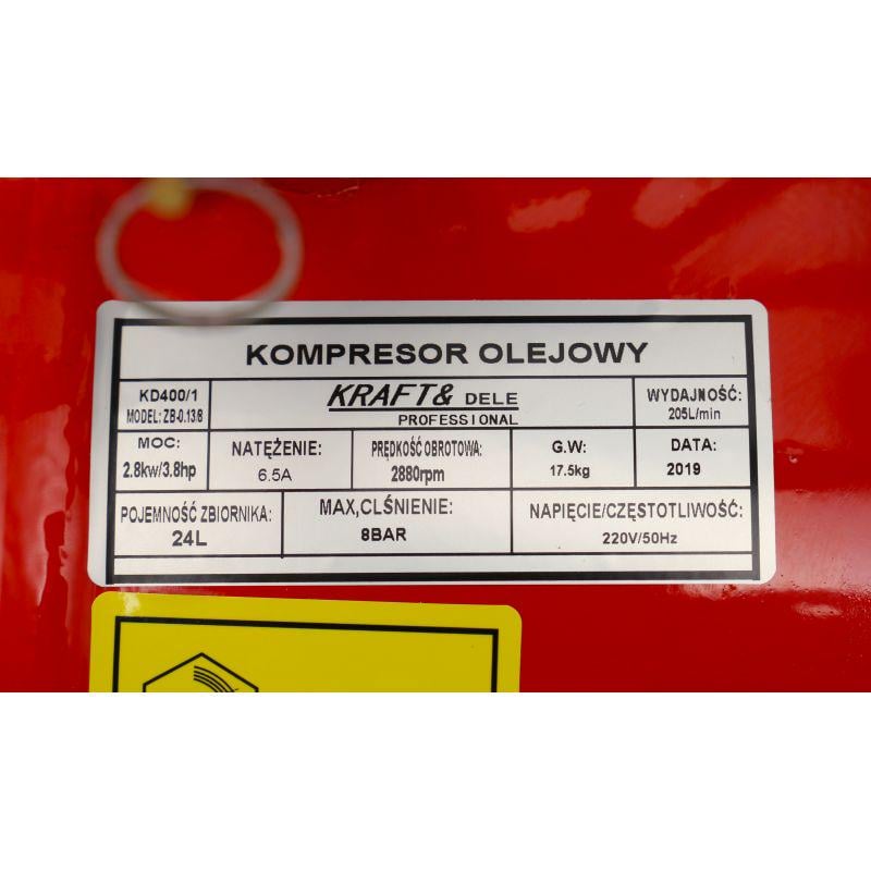 Компрессор масляный однопоршневой Kraft&Dele 24 л 133 л/мин (KD400) - фото 11