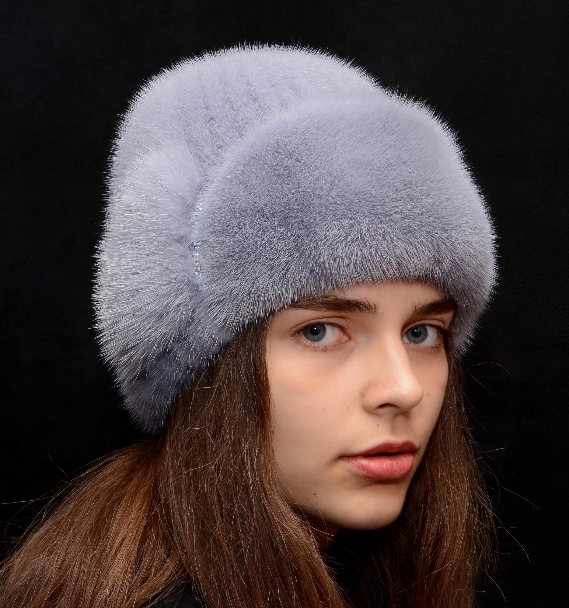 Зимова жіноча шапка Хутряний стиль Лобік із в'язаної натуральної норки XL-XXL Лаванда (132/J)