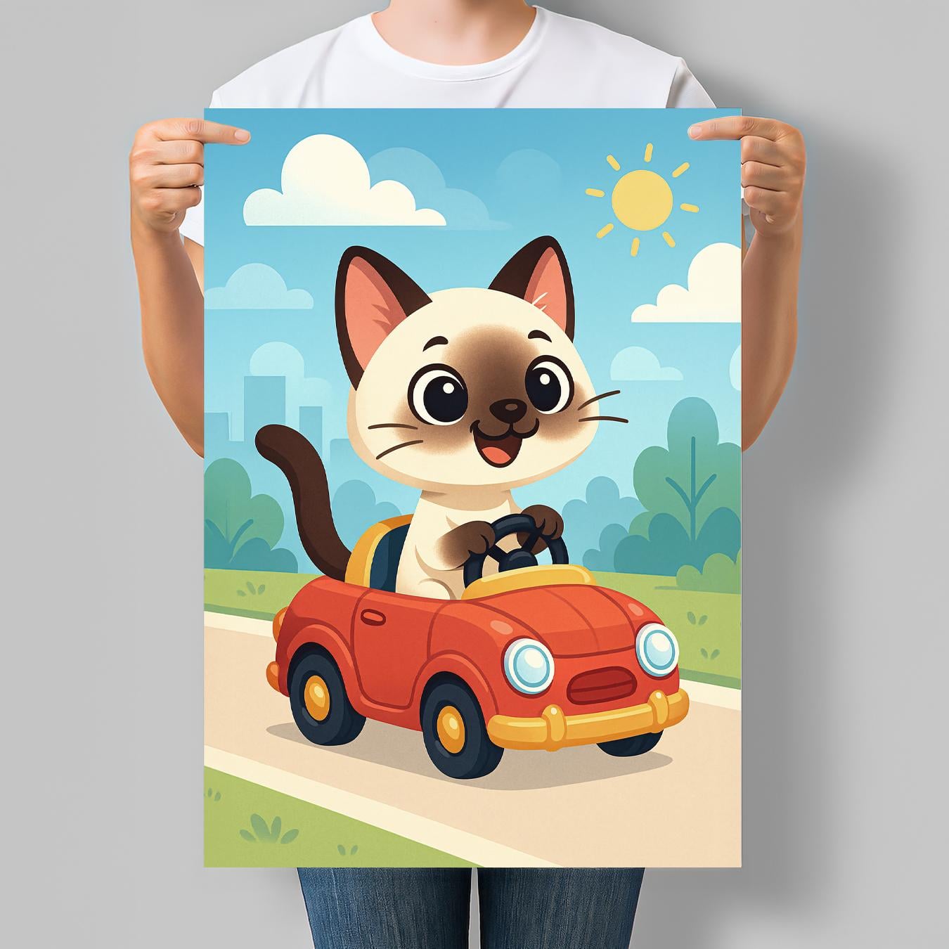 Постер для дитячої кімнати Сіамський котик на червоному автомобілі 30x42 см A3 без рамки (DYT021_A3)