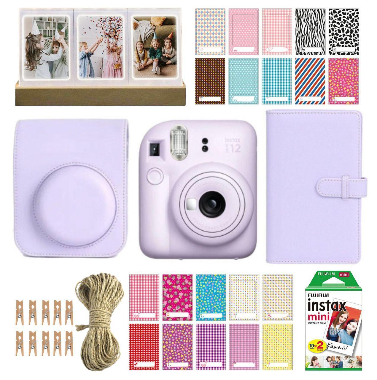 Камера моментальной печати Fujifilm Instax Mini 12/чехол/фотопленка 20 шт./фотоальбом 108/наклейки 20 шт. и фоторамка 3в1 Purple