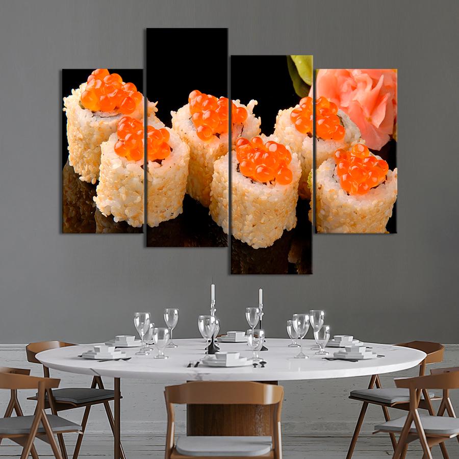 Настенний декор Роллы Калифорния с икрой на чёрном фоне 149x106 см (A525-4)