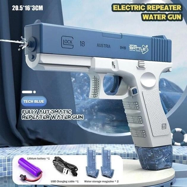 Пістолет водяний Water Gun Glock акумуляторний електричний з 2 обоймами для води Синій - фото 8