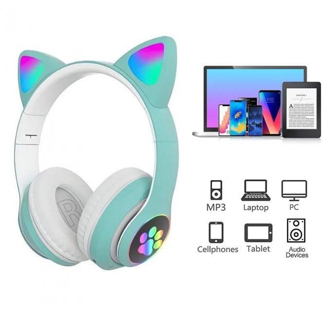 Наушники беспроводные с кошачьими ушками Cat STN-28 Bluetooth с микрофоном LED RGB подсветка Green - фото 3