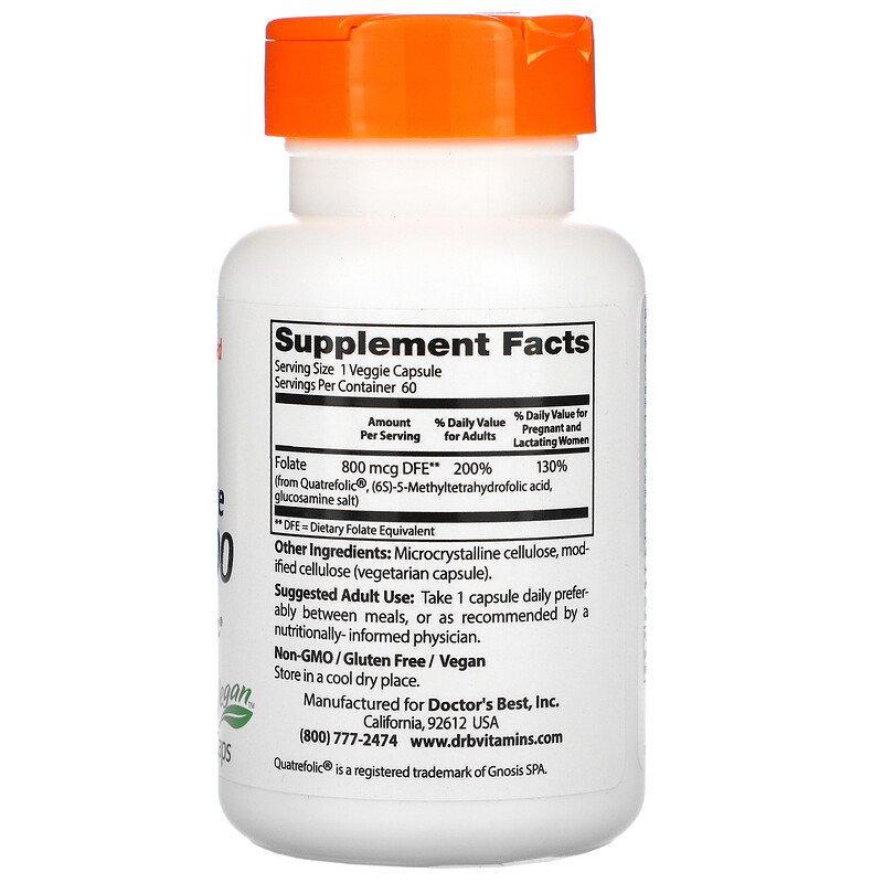 Фолат с Quatrefolic Folate 800 Fully Active Doctor's Best 800 мкг 60 капсул - фото 2