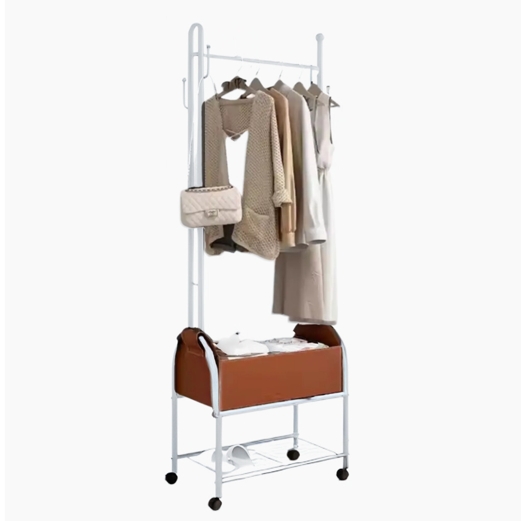 Вішалка для одягу підлогова пересувна з полицею для взуття металева 184 см Білий