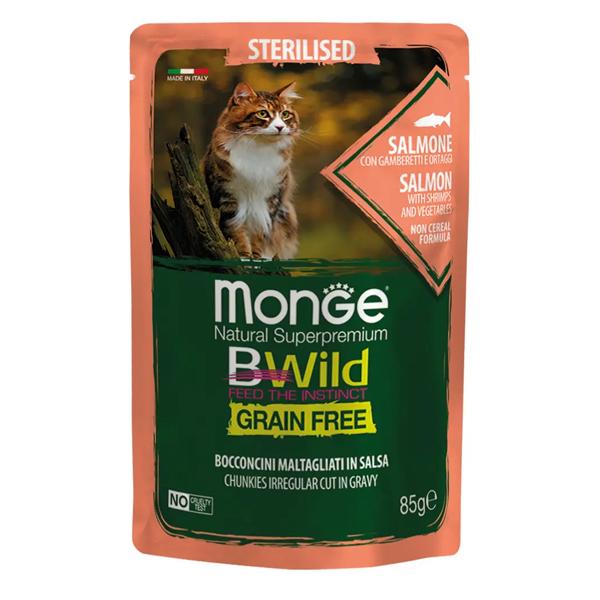 Корм для кошек Monge Cat Wet Bwild Grain Free Sterilised лосось с креветками и овощами 0,085 кг (27260434)