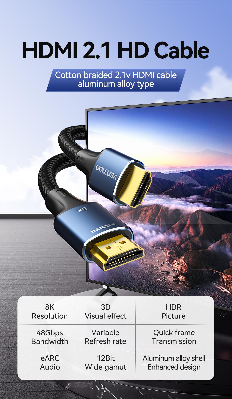 Кабель Vention HDMI 2.1 8K 60Hz 4K 120Hz 2K 144Hz 1080p 160Hz eARC, 12 біт, 48 Гбіт/с 1 м Чорний (ALGLF) - фото 2