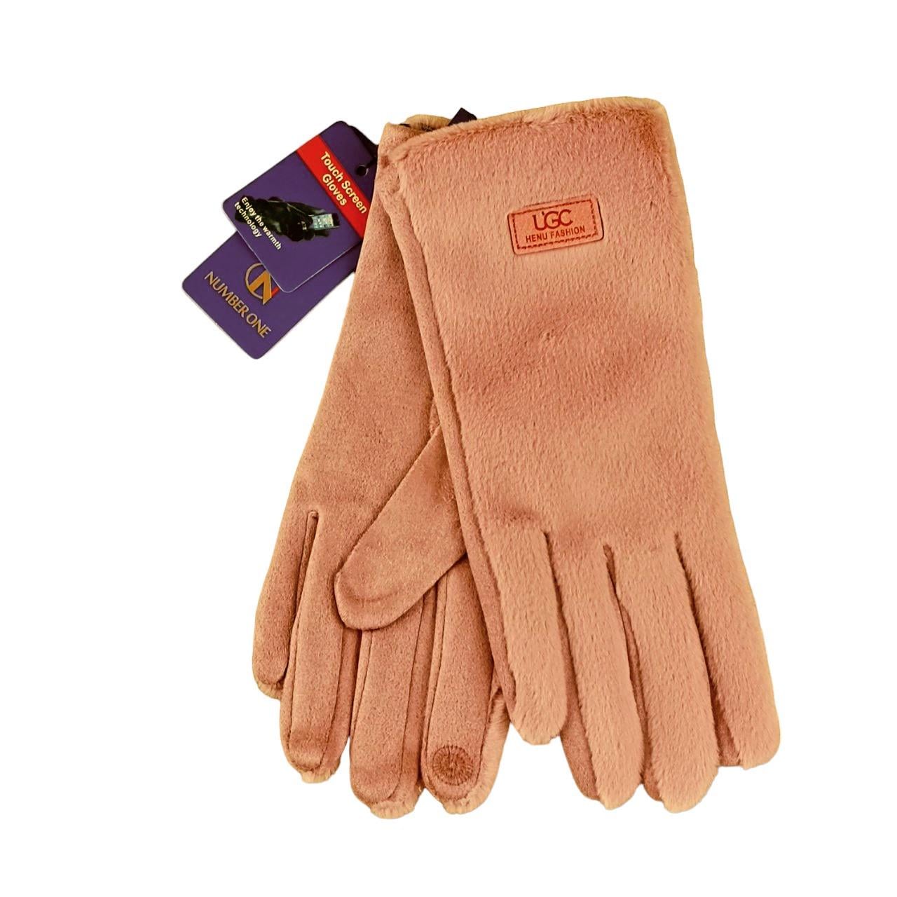 Перчатки женские сенсорные мех/велюр с нашивкой S-M Розовый (47183)