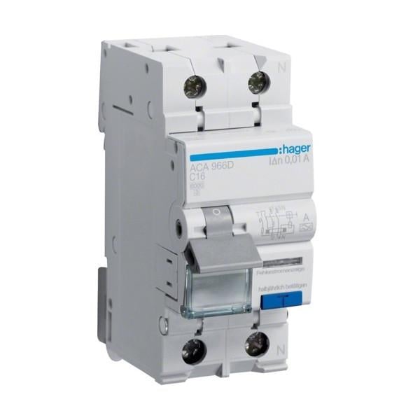 Дифавтомат Hager 2 полюса 6kA тип C 16A 10mA тип A ACA966D (74330)