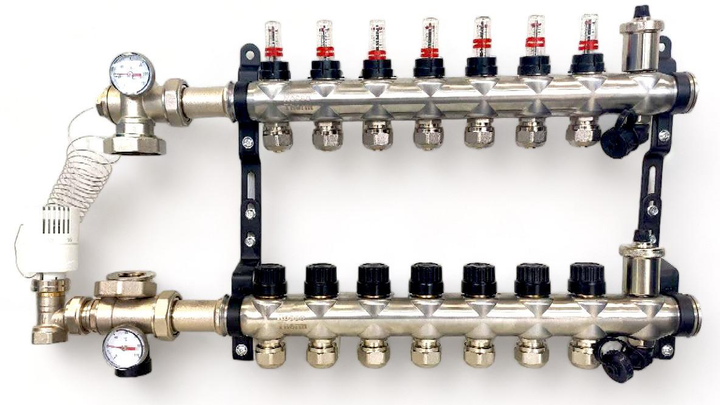 Коллектор со смесительным узлом 7 контуров в сборе ROSSO THERM расходомеры и евроконуса