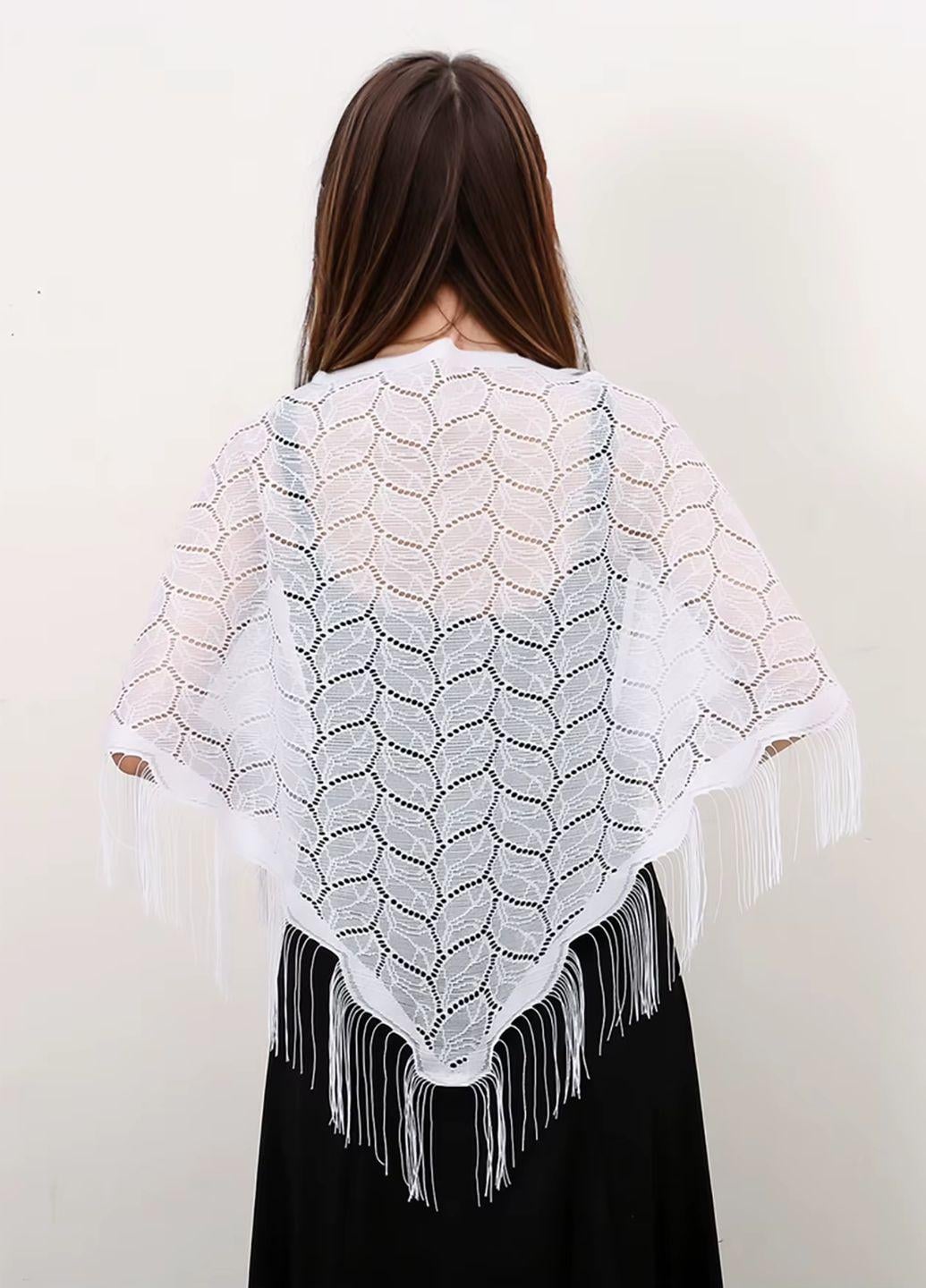 Шаль женская ажурная однотонная с кистями лето-весна-осень 148х95х95 см Белый (15820) Шаль женская ажурная однотонная с кистями лето-весна-осень 148х95х95 см Белый (15820)