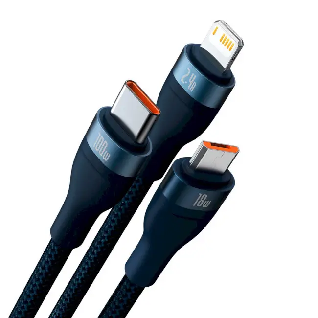 Кабель BASEUS Flash Series II 3в1 Cable USB to MicroUSB/Lightning/Type-C CASS030003 100W 1,2 м Blue - фото 2