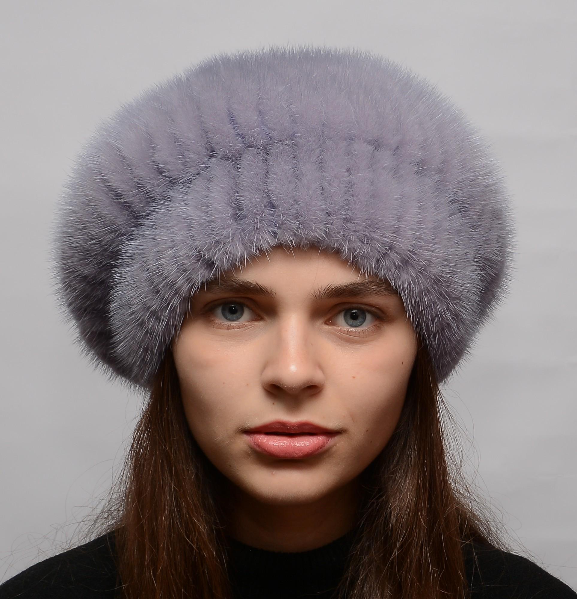 Зимний берет из меха норки Меховой стиль Шарик M-L Сирень (110/F)