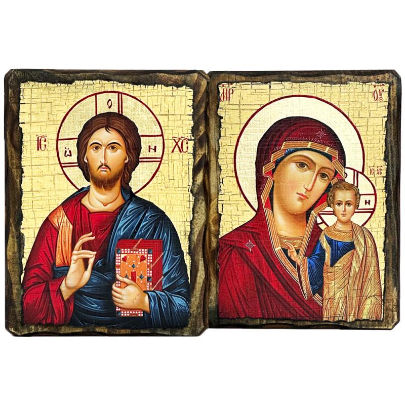 Иконы венчальные Богородица Казанская и Спаситель под старину 30х40 см (1951-30x40)