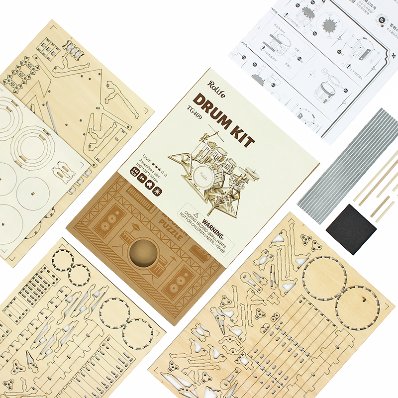 Деревянный 3D конструктор Robotime TG409 Ударная установка - фото 2 Деревянный 3D конструктор Robotime TG409 Ударная установка - фото 2