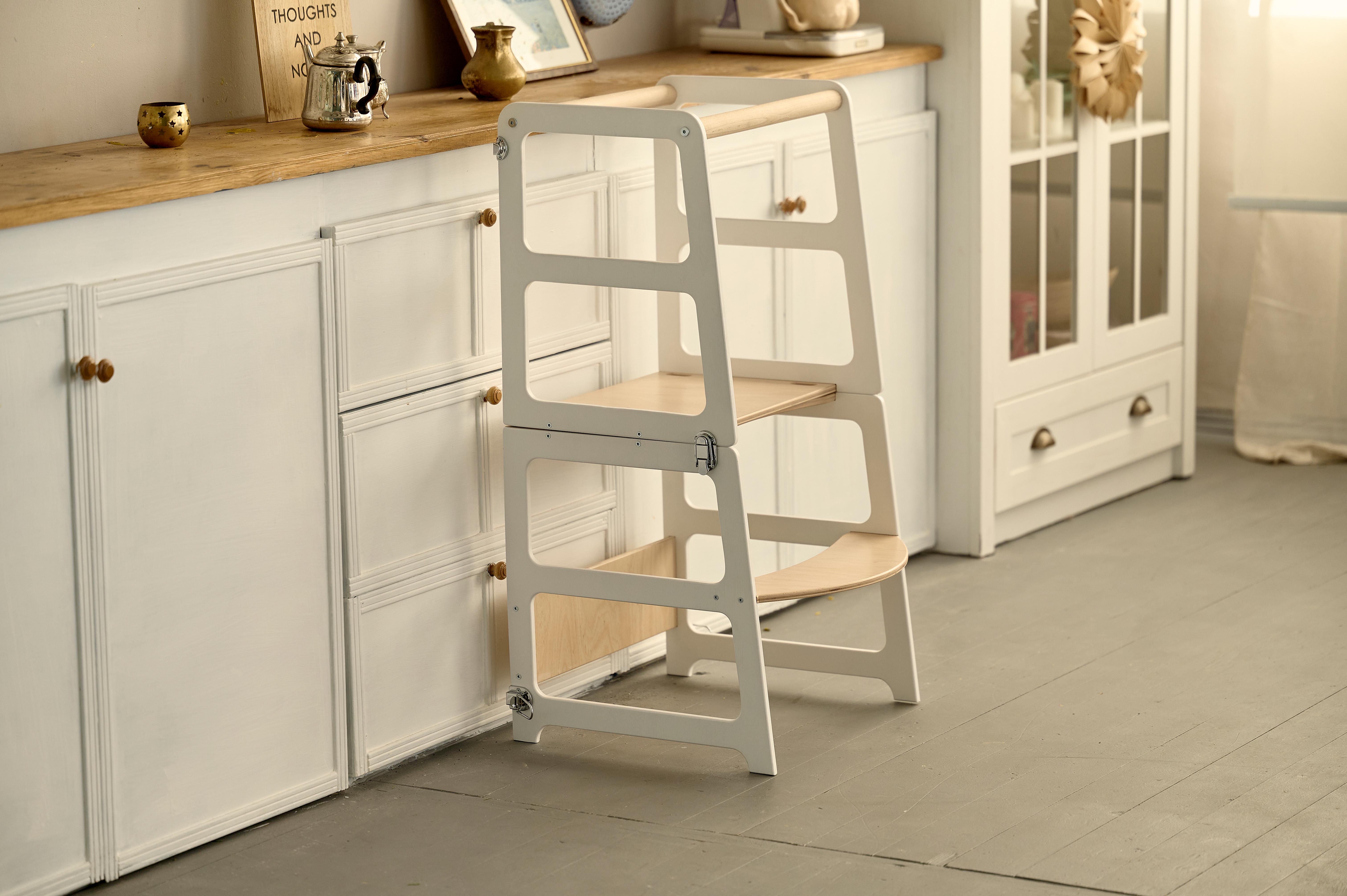 Стол трансформер Woody Башня Монтессори 2 2в1 для кормления и творчества из натурального дерева Белый