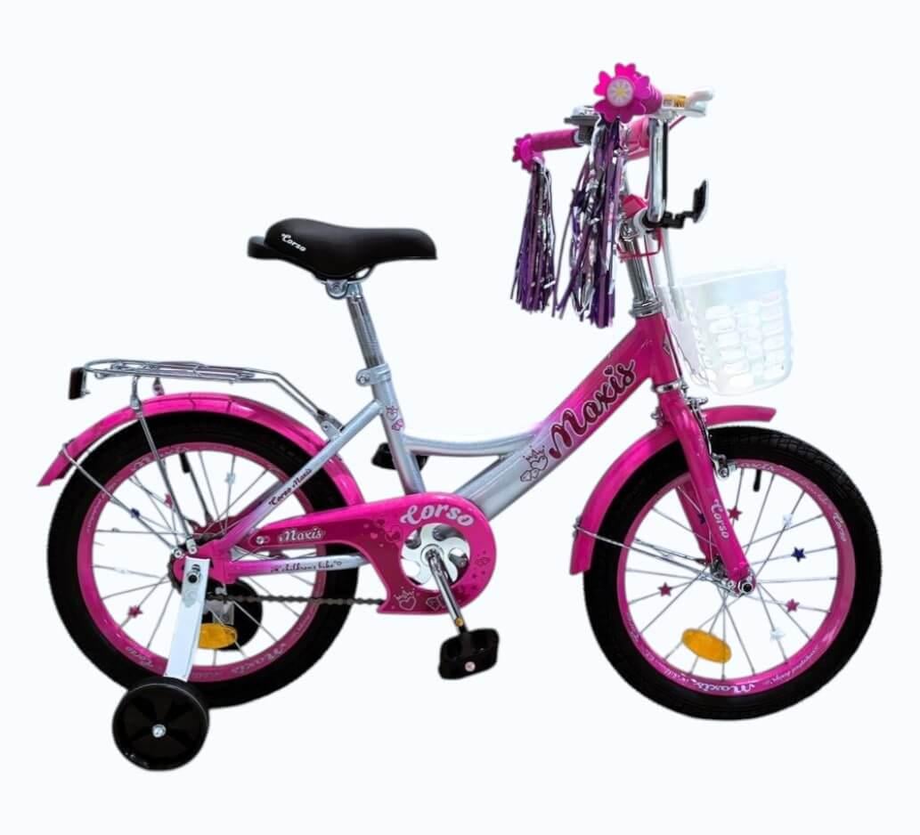 Велосипед двухколесный Corso MAXIS 16" для девочки с корзиной и багажником Малиновый (509673545)