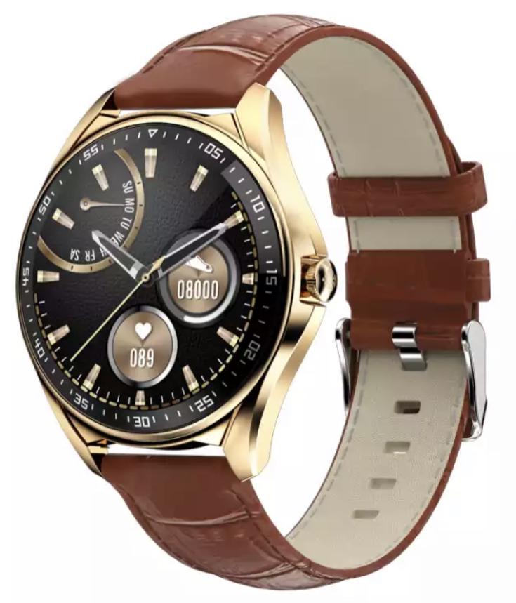 Мужские смарт часы Lemfo E1 Gold Leather Smart Watch Bluetooth (6687)