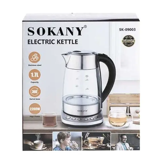 Електрочайник скляний Sokany SK-09003 з підтримкою та регулюванням температури 1,7 л Сталевий - фото 5 Електрочайник скляний Sokany SK-09003 з підтримкою та регулюванням температури 1,7 л Сталевий - фото 5