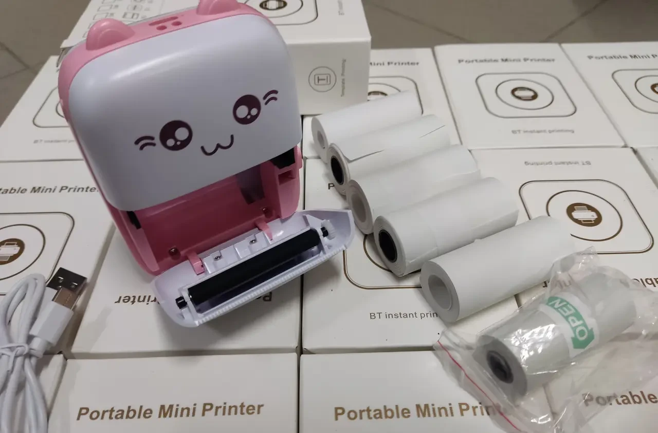 Принтер портативный Mini Printer мини детский 6 рулонов Розовый (14750332) - фото 4