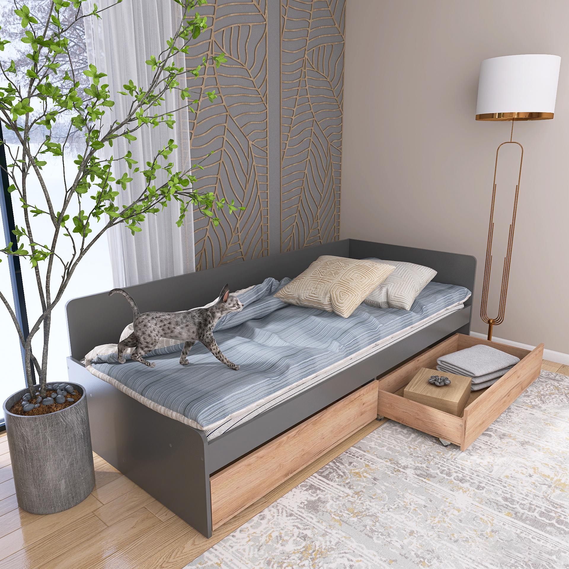 Кровать Эверест Соната 800 с ящиками 194х84х61 см Графит/Дуб крафт Золотой (09564)