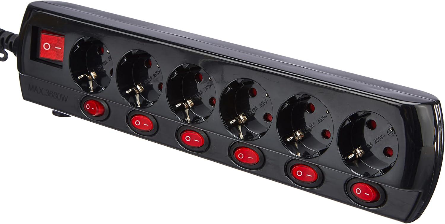 Удлинитель Electraline с защитой с заземлением 6 розеток 1,5 м 16A Индивидуальные выключатели 3х1 мм² Черный